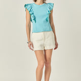 Contrast Merrow Detail Ruffled Sleeveless Knit Top