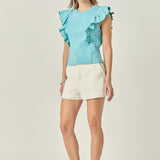 Contrast Merrow Detail Ruffled Sleeveless Knit Top