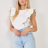 Contrast Merrow Detail Ruffled Knit Top
