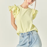 Mixed Media Ruffle Detail T-shirt in Butter Yellow