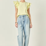 Mixed Media Ruffle Detail T-shirt in Butter Yellow