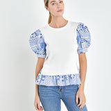 Mixed Media Floral Sleeve Knit Top