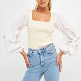 Mixed Media Square Neckline Knit Top