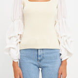 Mixed Media Square Neckline Knit Top