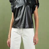 PU Leather Ruffle Detail Top