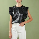 PU Leather Ruffle Detail Top