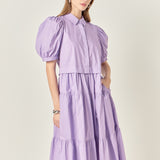 Button Closure Puff Sleeve Midi Dress