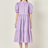Button Closure Puff Sleeve Midi Dress