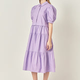 Button Closure Puff Sleeve Midi Dress