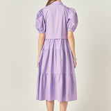 Button Closure Puff Sleeve Midi Dress