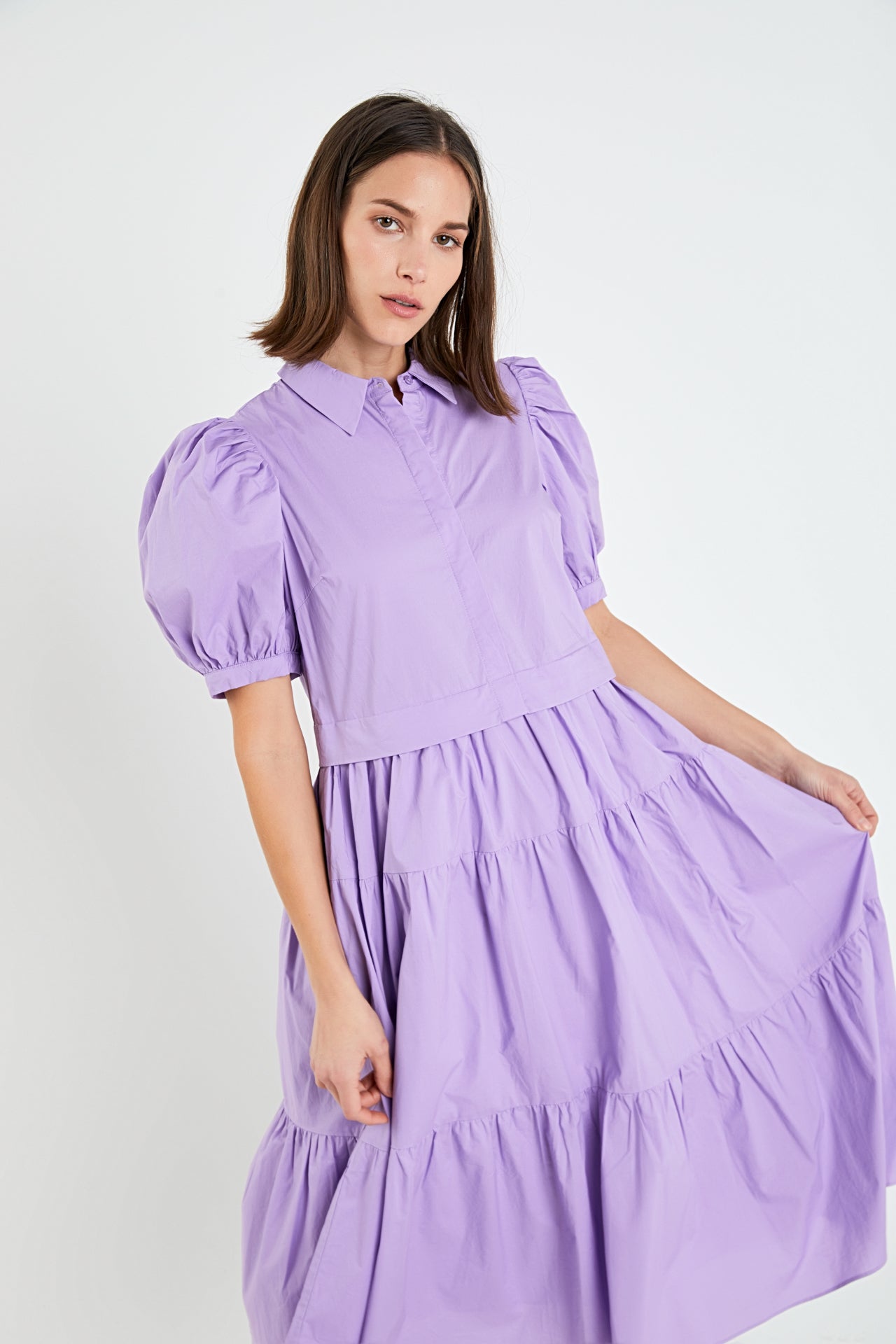 Button Closure Puff Sleeve Midi Dress