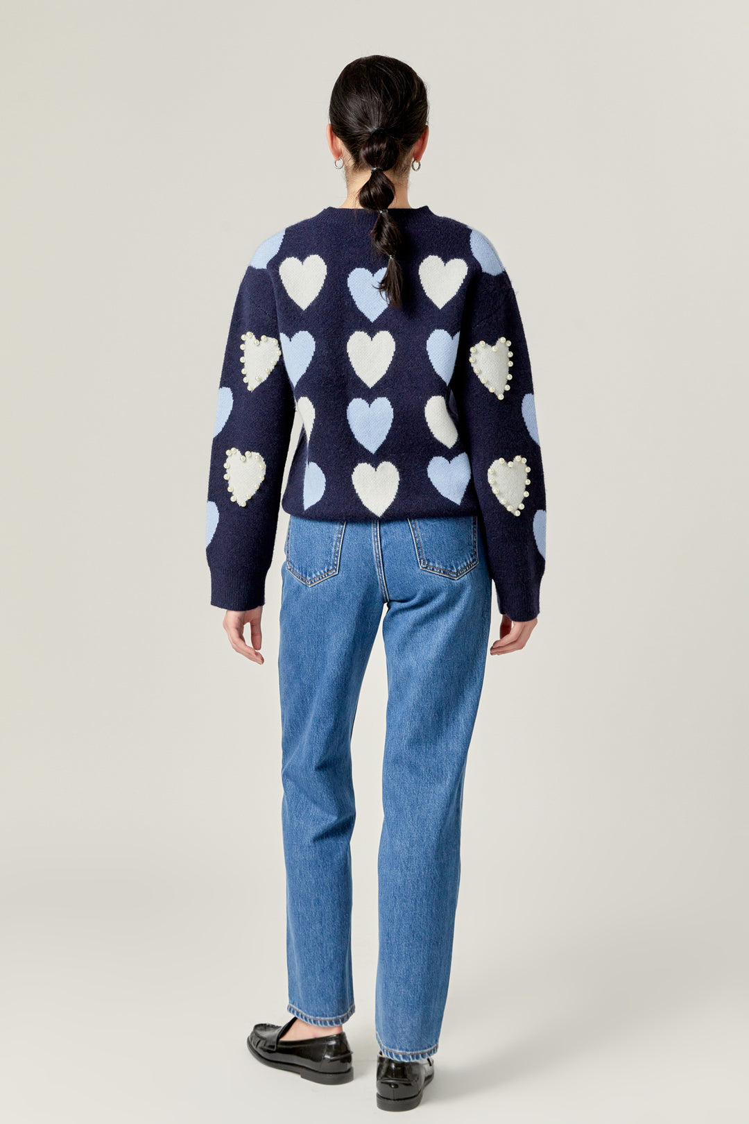 Pearl Detail Heart Round Neck Long Sleeve Sweater main image 0