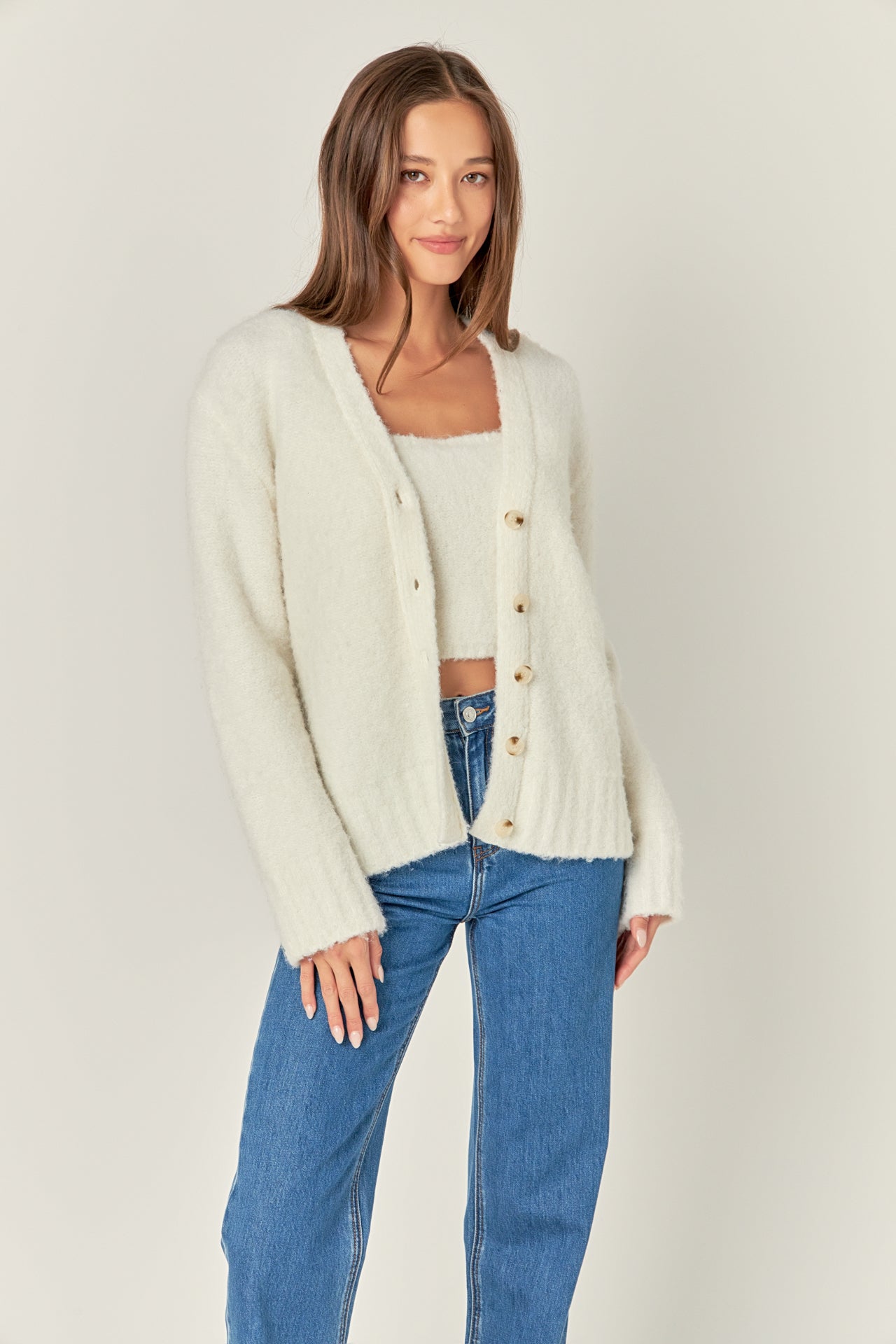 English Factory Fuzzy Button Up Cardigan Cream S