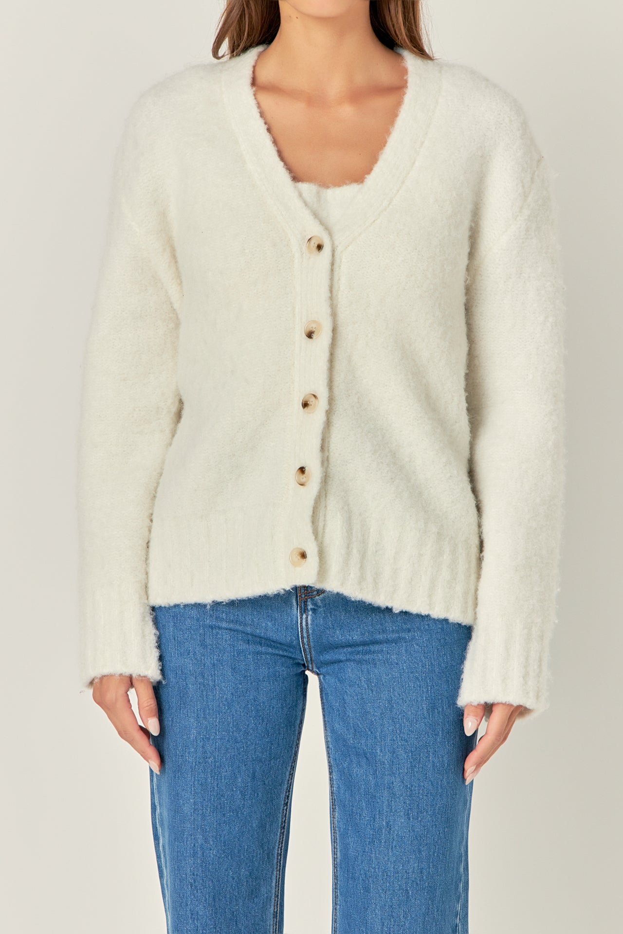 English Factory Fuzzy Button Up Cardigan Cream S