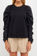 Load image into Gallery viewer, Mixed Media Shirring Sleeve Top
