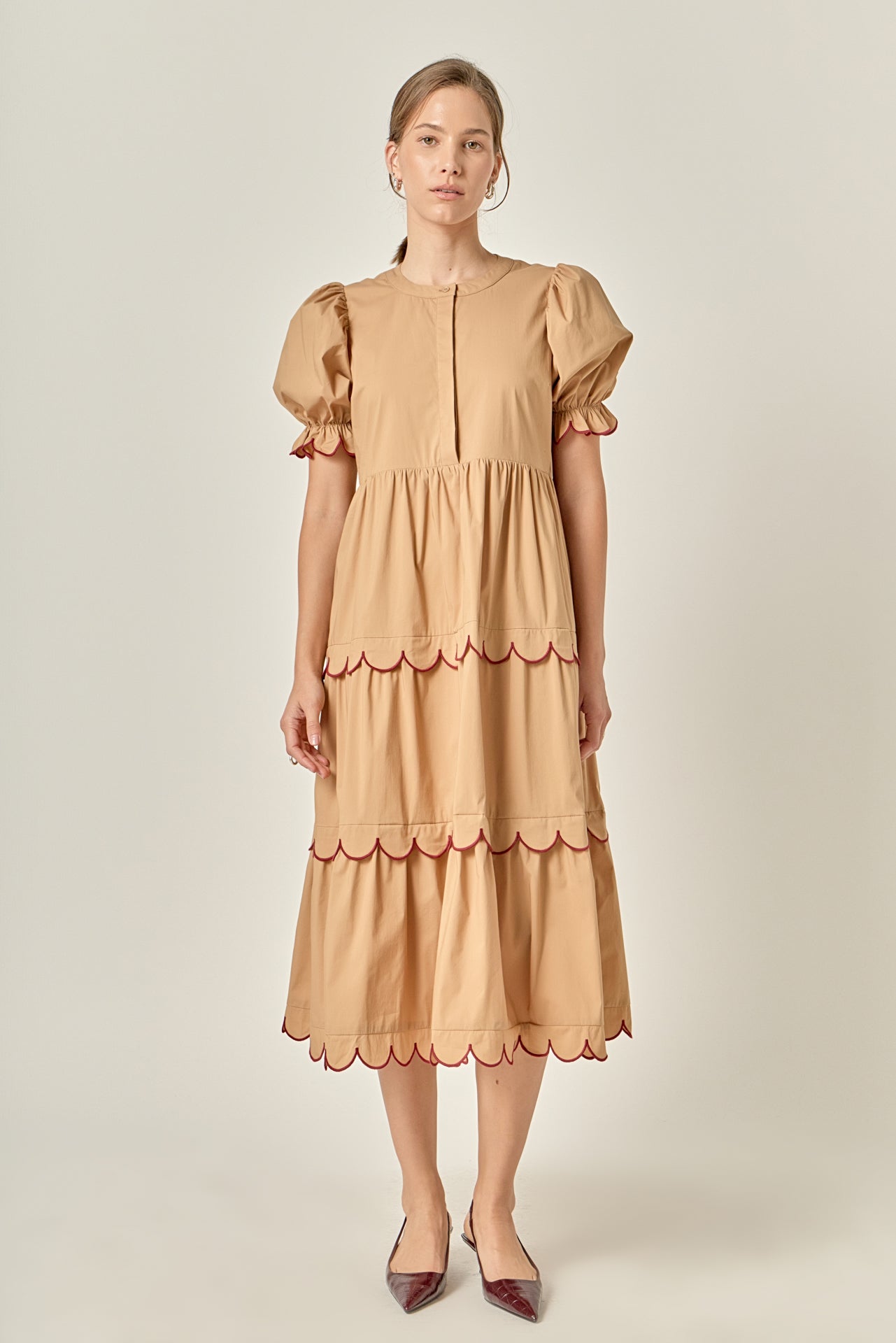 English Factory - Scalloped Edge Midi Dress TAN/BURGUNDY / L English Factory - Scalloped Edge Midi Dress TAN/BURGUNDY / L