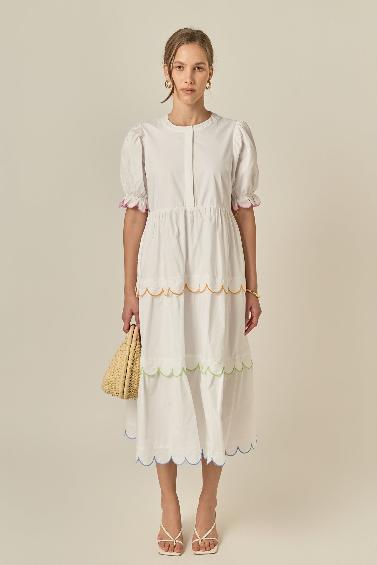 English Factory - Scalloped Edge Midi Dress CREAM/BROWN / XS English Factory - Scalloped Edge Midi Dress CREAM/BROWN / XS