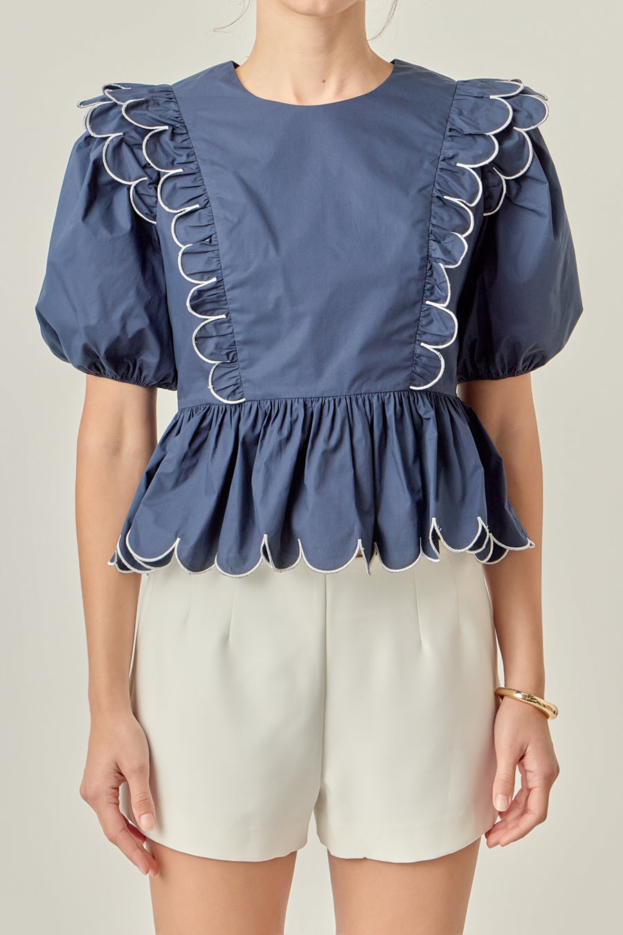 Scallop Edge Collared V-Neck Top main image 1