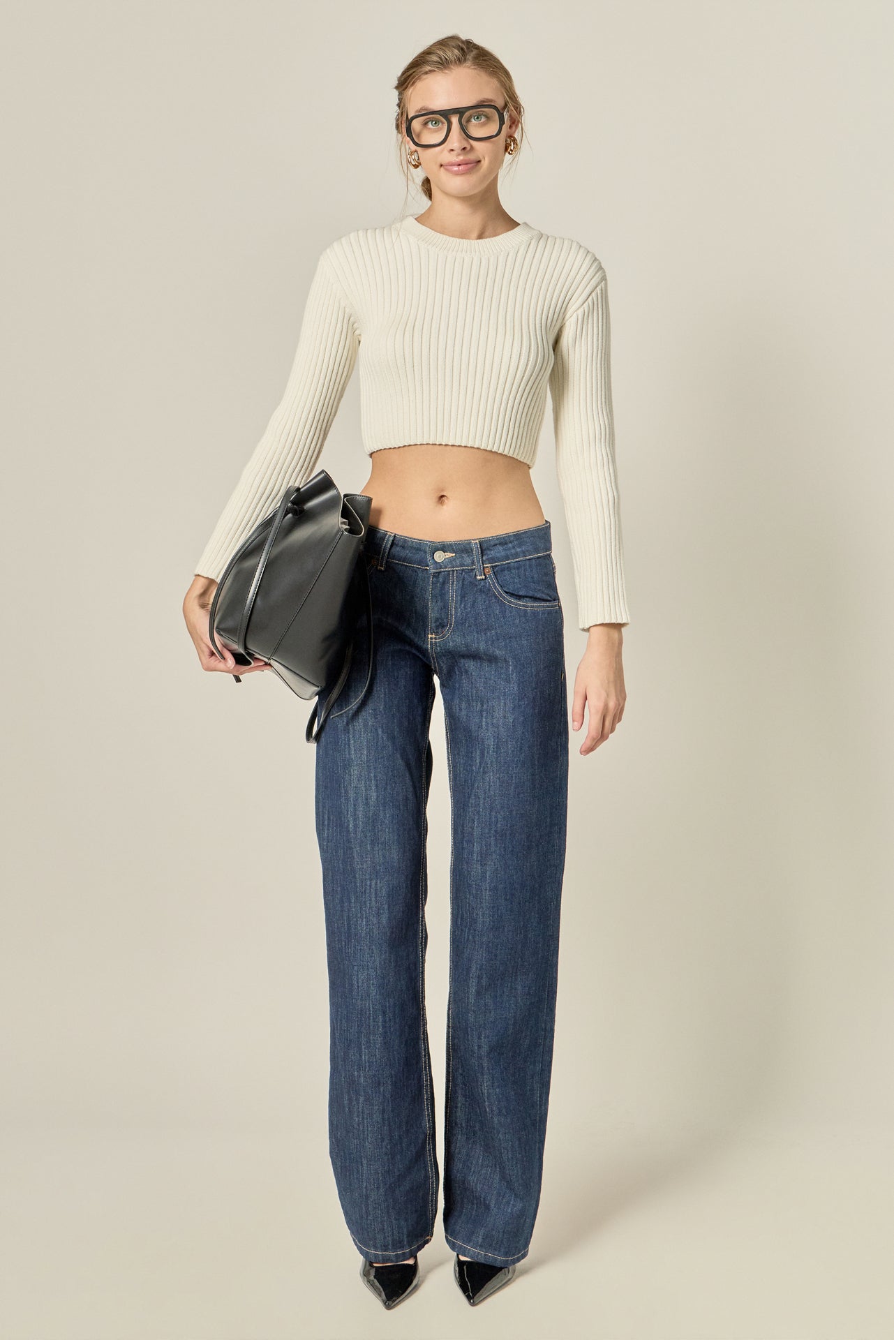 Cropped Ribbed Knit Sweater