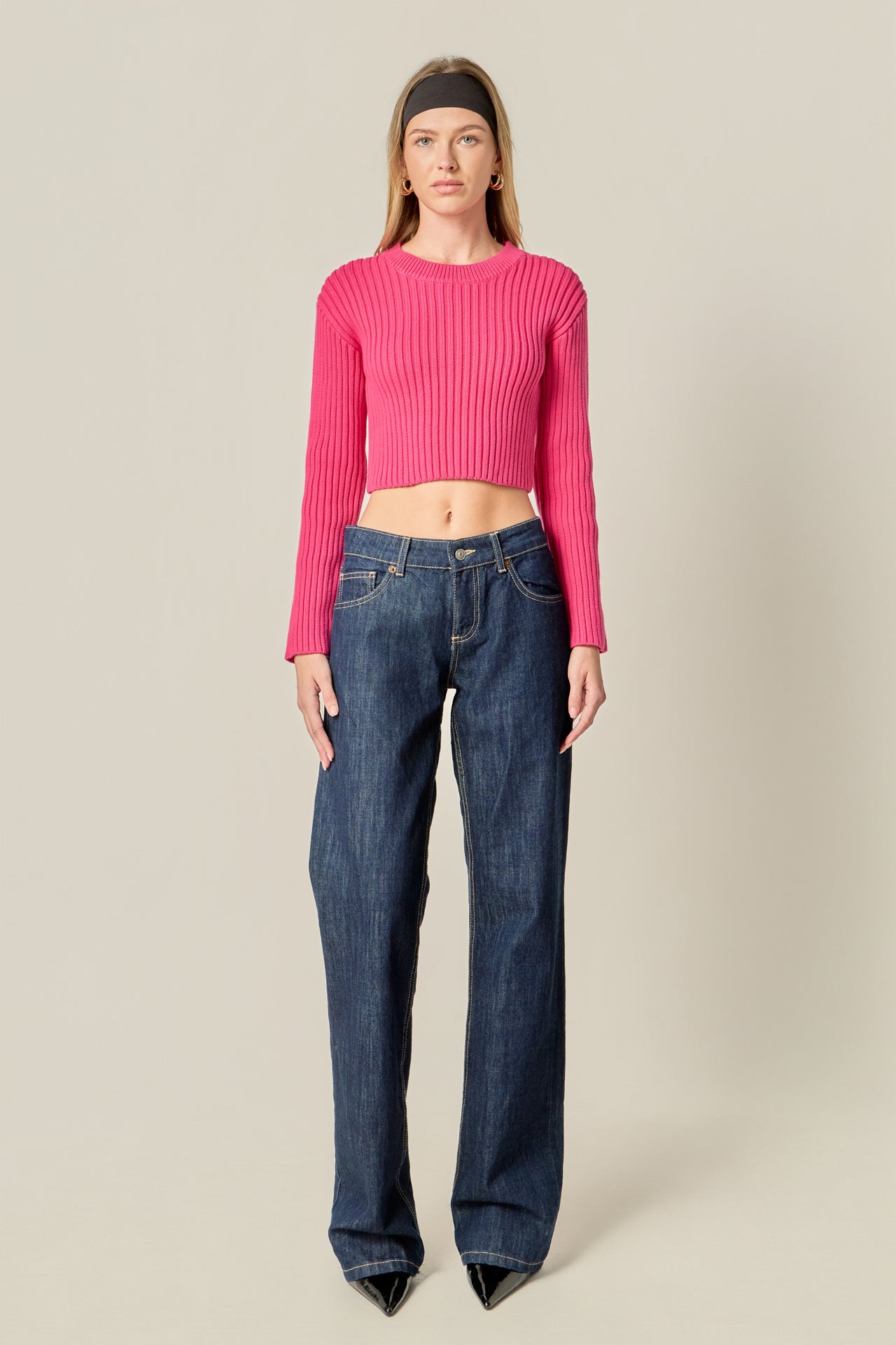 Cropped Ribbed Knit Sweater