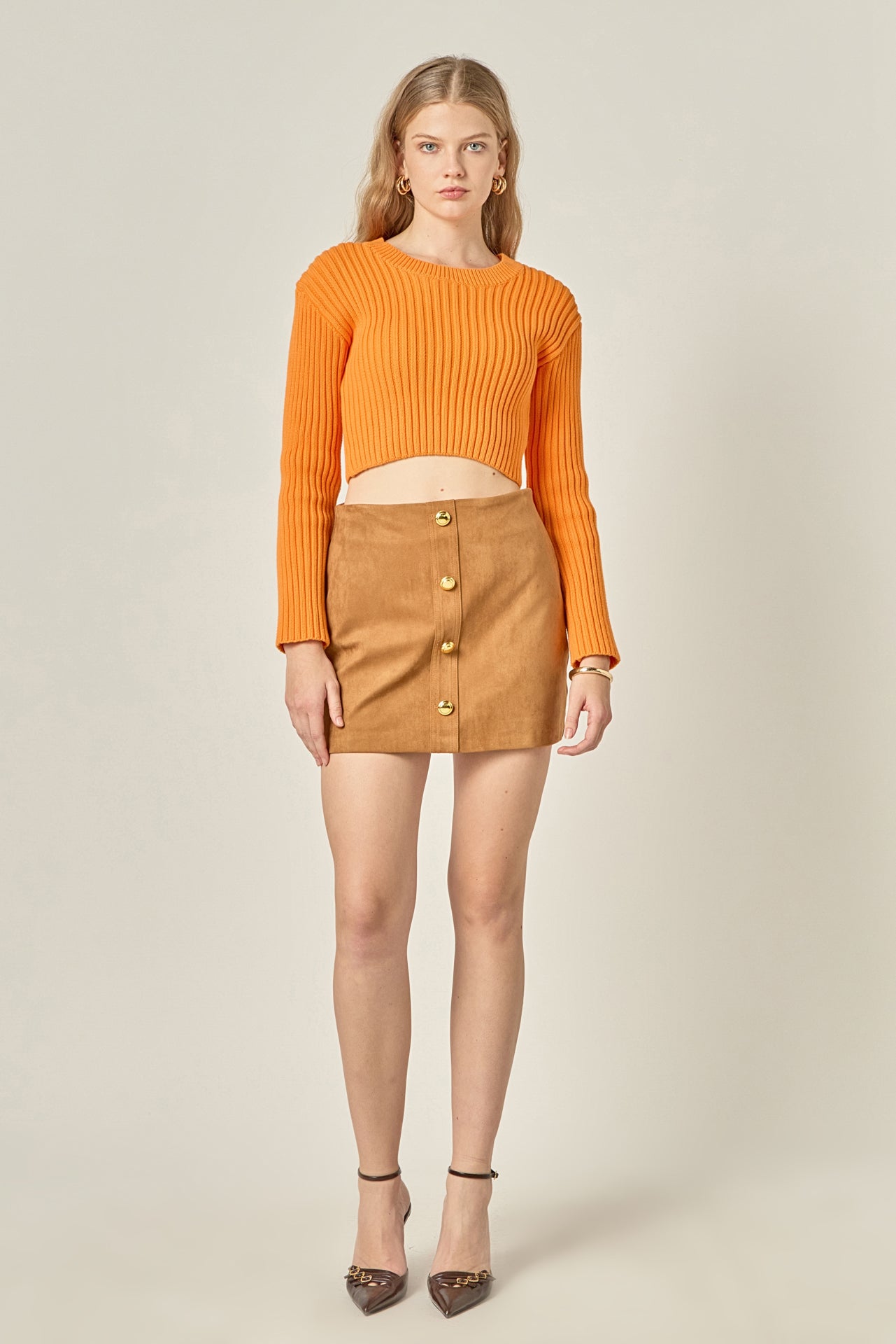 Cropped Ribbed Knit Sweater