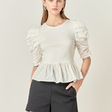 Pleated Puff Sleeve Top in White