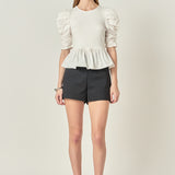 Pleated Puff Sleeve Top in White