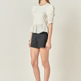 Pleated Puff Sleeve Top in White