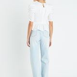 Pleated Puff Sleeve Top in White