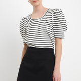 Stripe Pleated Puff Sleeve Top