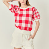 Gingham Puff Sleeve Knit Top