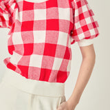 Gingham Puff Sleeve Knit Top