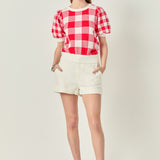 Gingham Puff Sleeve Knit Top