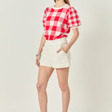 Gingham Puff Sleeve Knit Top
