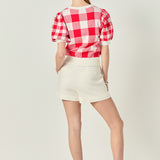 Gingham Puff Sleeve Knit Top