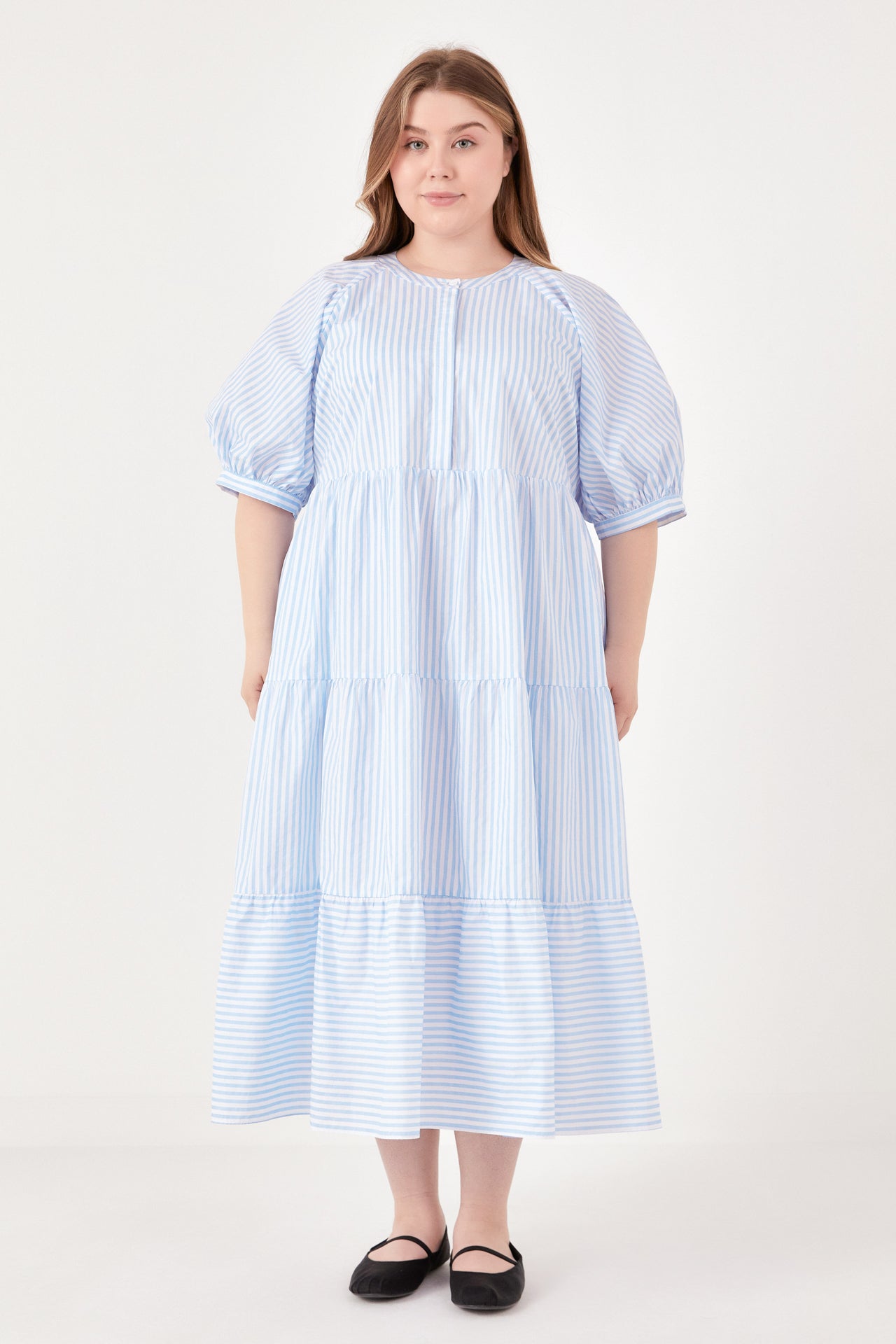 Stripe Puff Sleeve Tiered Midi Dress
