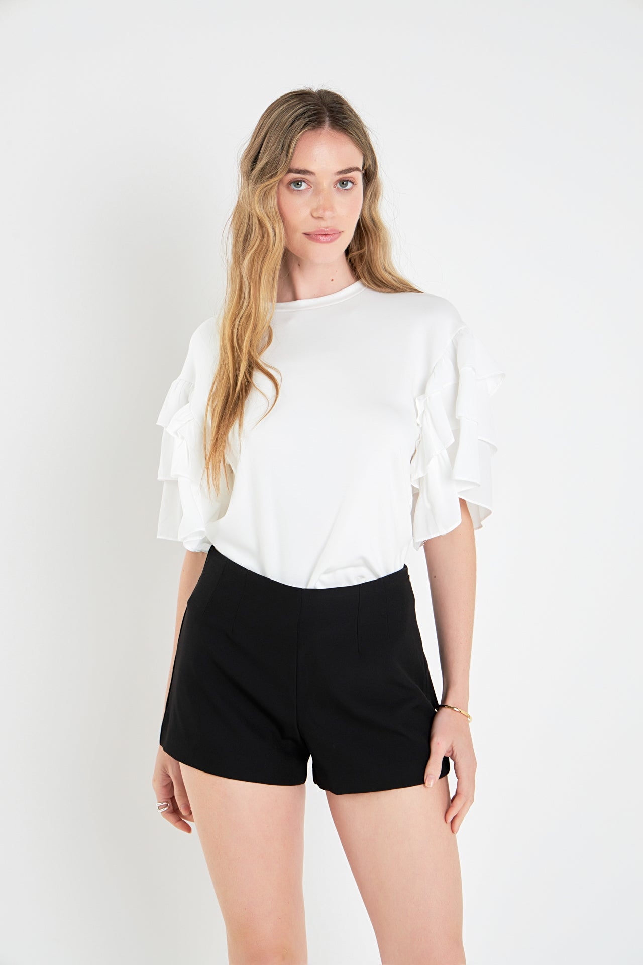 【MARTE】Multiway Piping Layered Top Layered Ruffles Mixed Media Top – English Factory