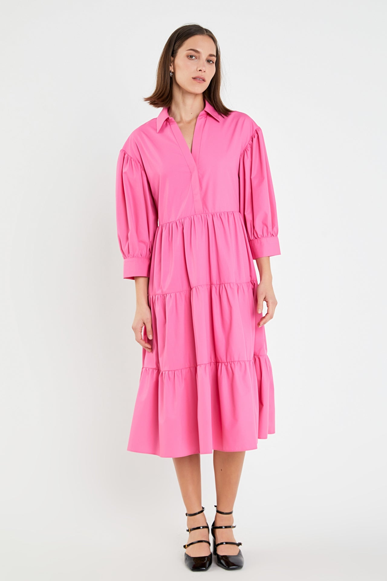 V-neckline Puff Sleeve Midi Dress – English Factory