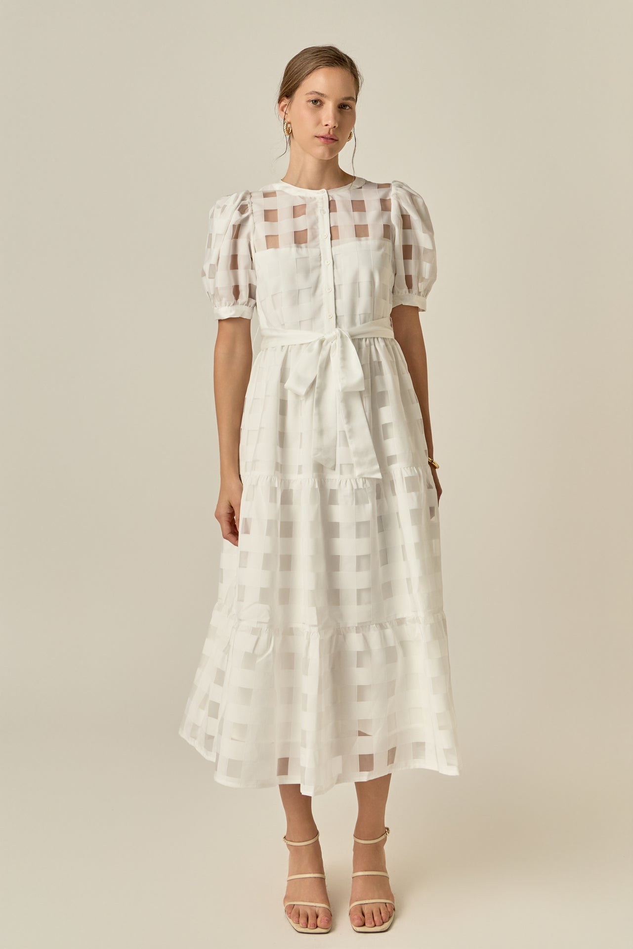 Check Puff Sleeve Midi Dress English Factory Check Puff Sleeve Midi Dress English Factory