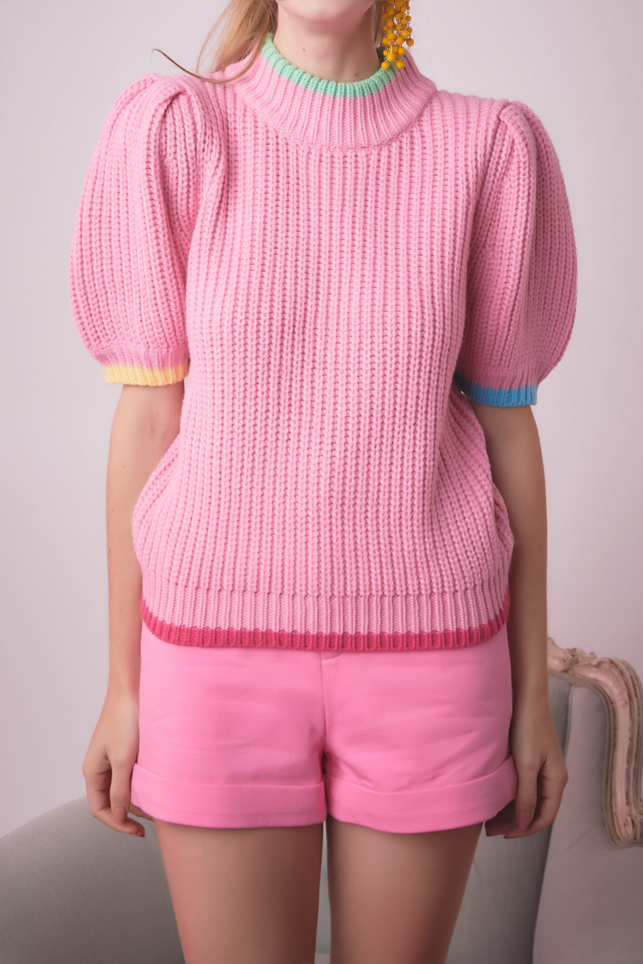 Color Contrast Puff Sleeve Sweater – English Factory