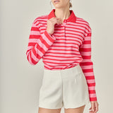 Stripe Long Sleeve Collared Knit Top