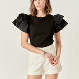 Mixed Media Ruffled Knit Top