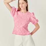 Asymmetrical Smocked Puff Sleeve Top