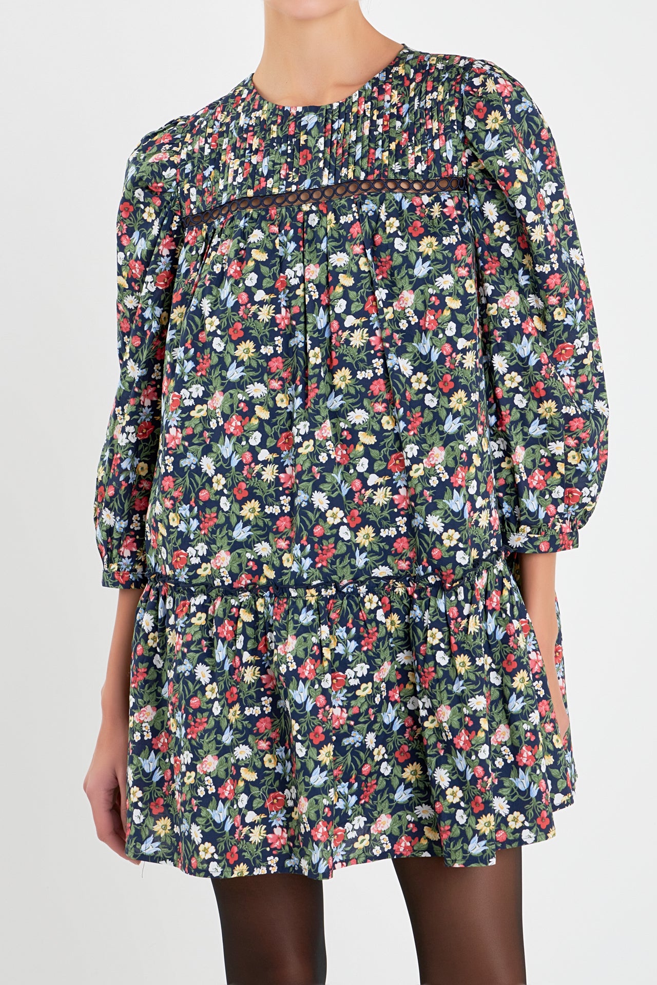 Floral Print Pintuck Mini Dress English Factory