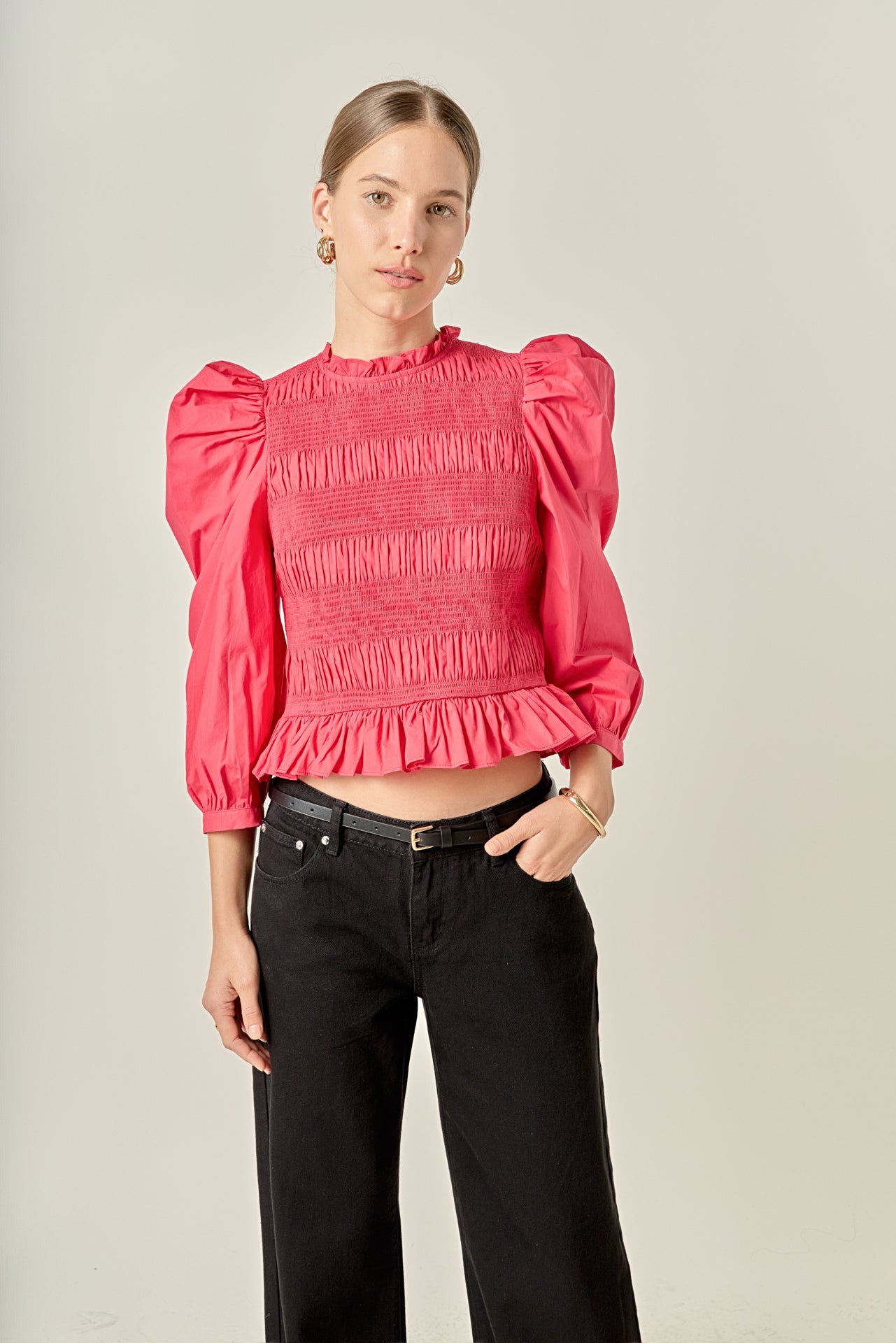 Smocking Detail Puff Sleeve Poplin Blouse – English Factory