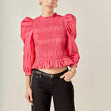Smocking Detail Puff Sleeve Poplin Blouse
