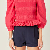 Smocking Detail Puff Sleeve Poplin Blouse