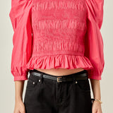Smocking Detail Puff Sleeve Poplin Blouse