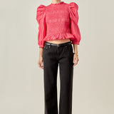 Smocking Detail Puff Sleeve Poplin Blouse