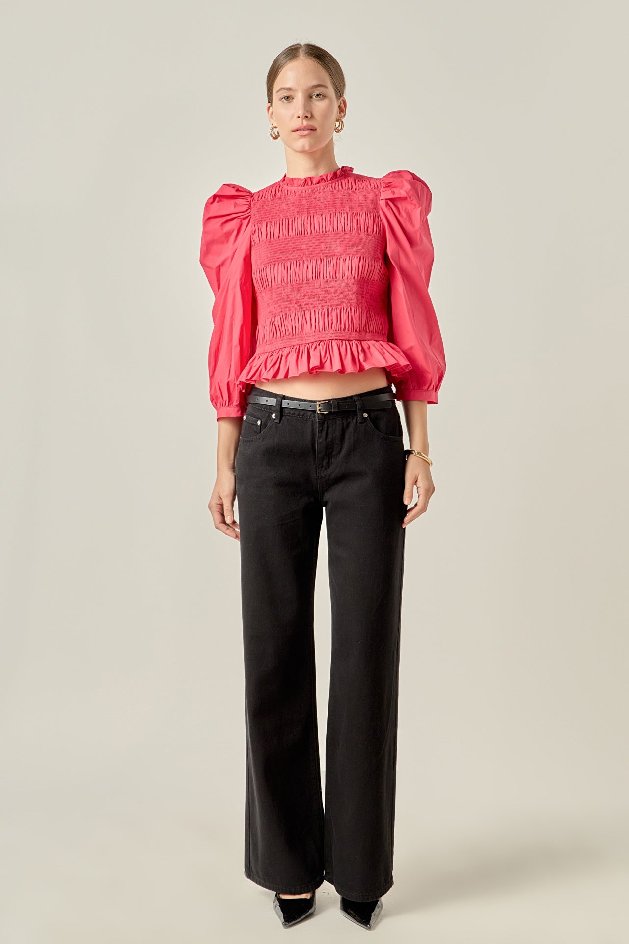 Smocking Detail Puff Sleeve Poplin Blouse